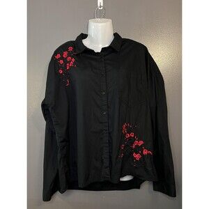 Streetwear Society Shirt Womens Large Black Embroidered Red Floral Button Up Top